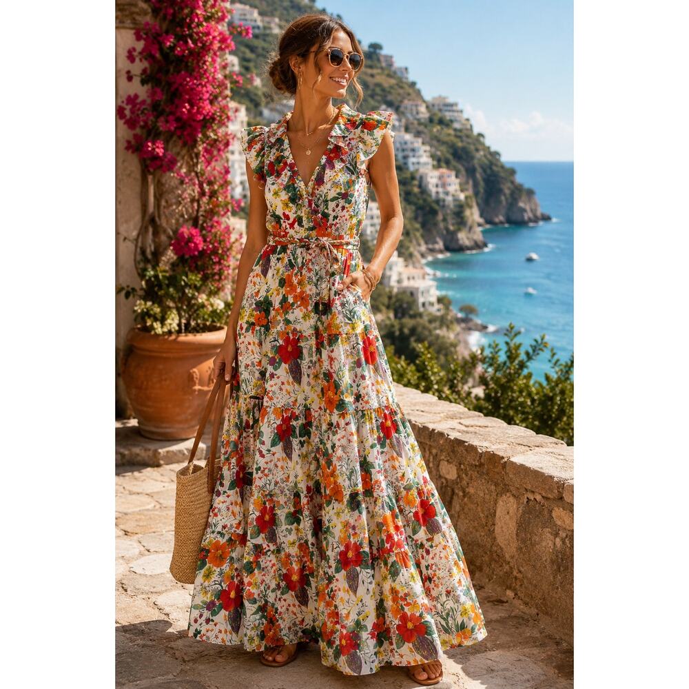 J.Crew Tropical Floral Maxi Dress Ruffle Tiered Resort Dress Coastal $198 Retail